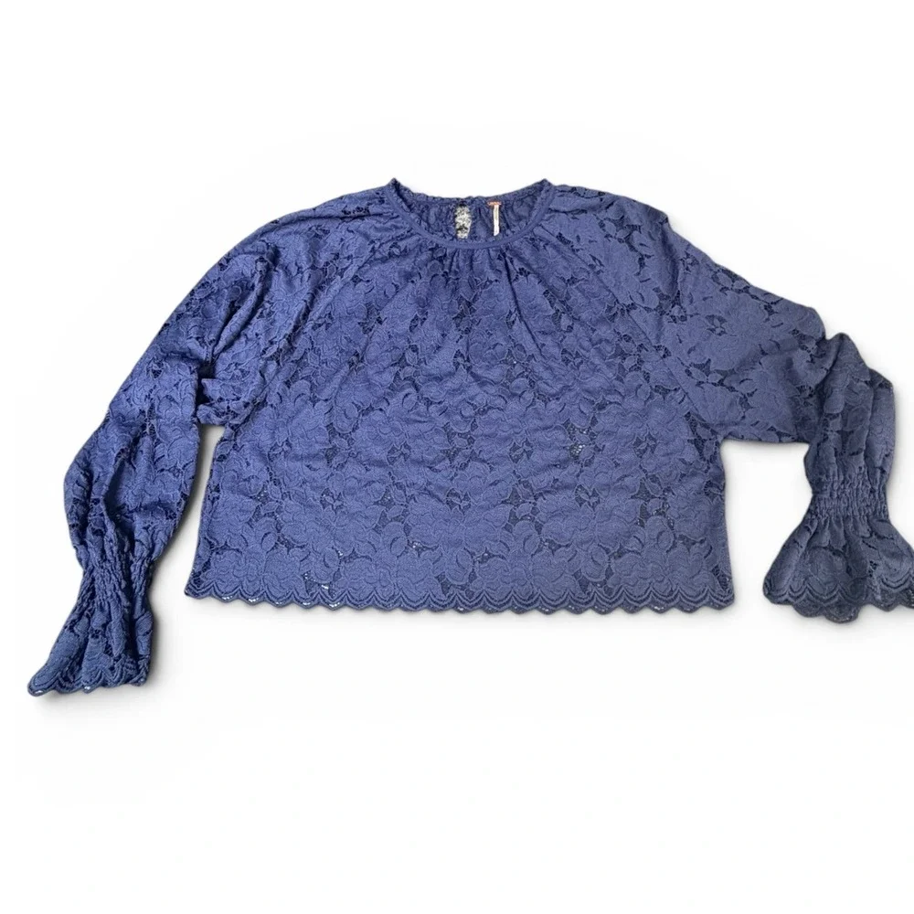 Free People Blouse Women S Navy Blue Lace Long Sleeve Smocked Cuff Scalloped Hem